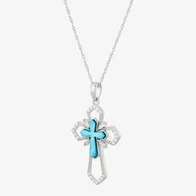 DiamonArt® Womens Blue Cubic Zirconia Sterling Silver Cross Pendant Necklace
