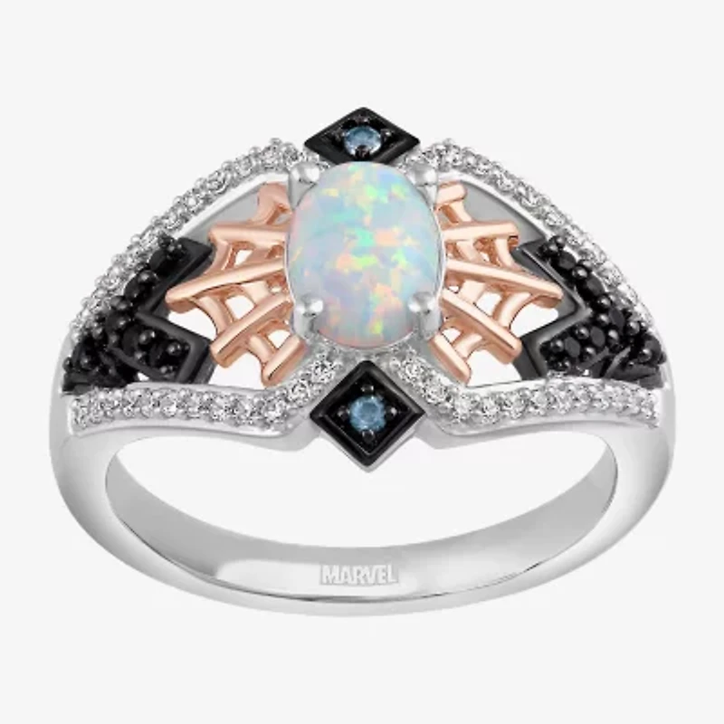 Marvel Fine Jewelry Womens 1/4 CT. T.W. Lab Created White Opal 14K Rose Gold Over Silver Oval Spiderman Cocktail Ring