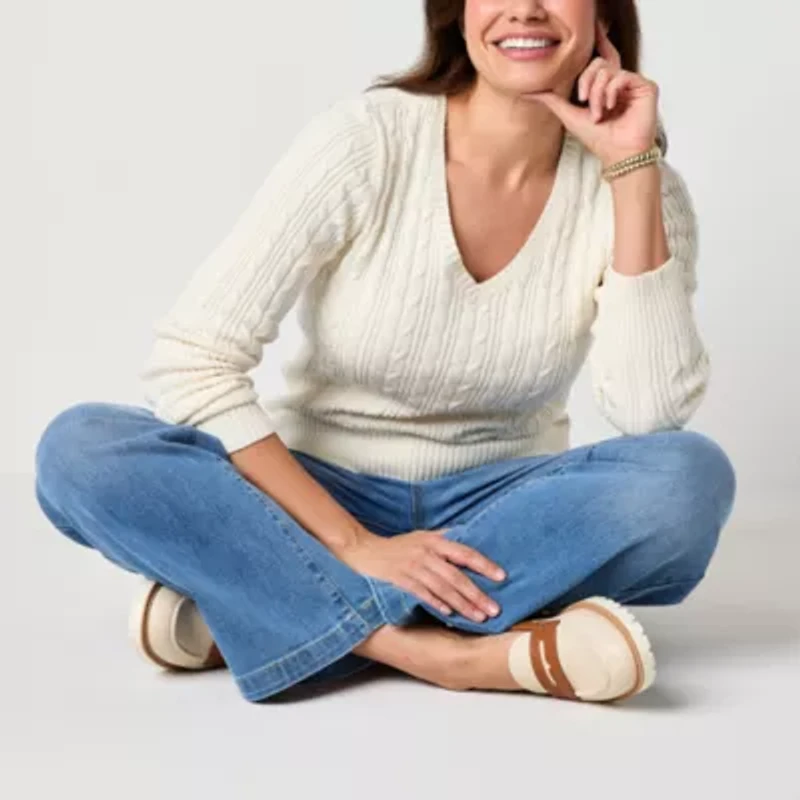 St. John's Bay Womens V Neck Long Sleeve Cable Knit Pullover Sweater