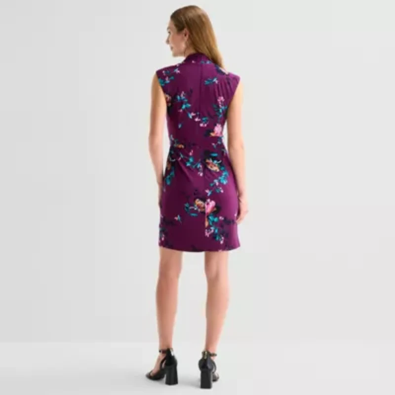 Marc New York Womens V Neck Sleeveless Floral Sheath Dress