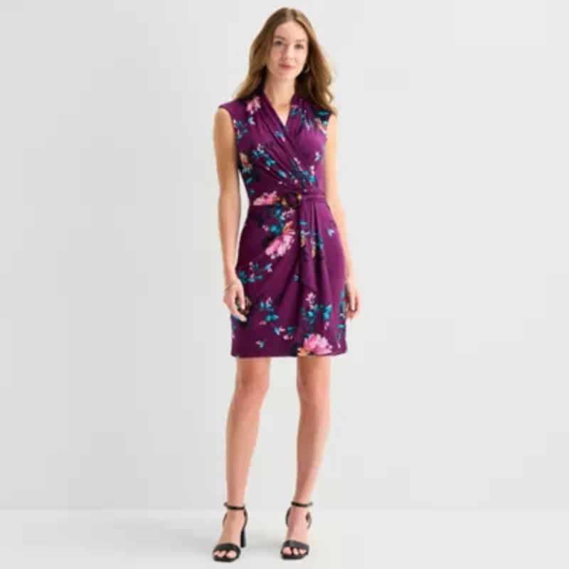 Marc New York Womens V Neck Sleeveless Floral Sheath Dress