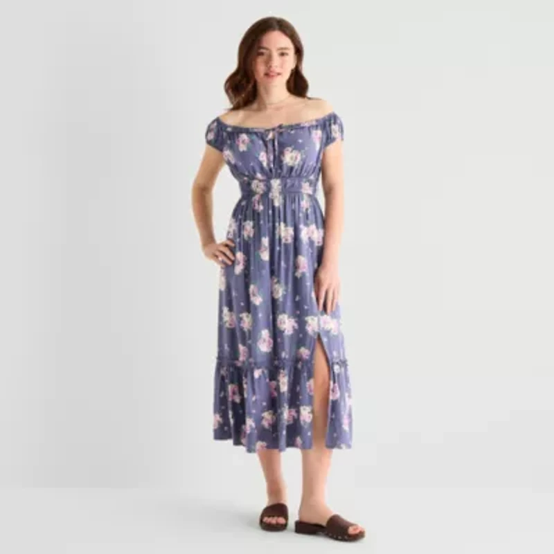 Arizona Womens Juniors Midi Short Sleeve Sundress