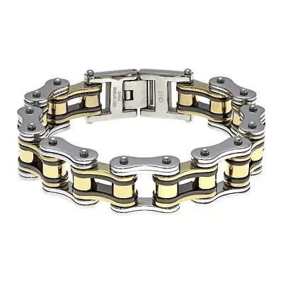 Mens Stainless Steel with Black & Gold-Tone IP Motorcycle Bracelet