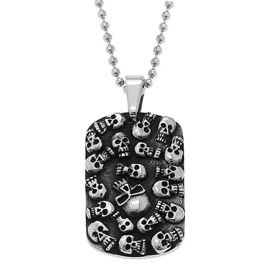 Mens Stainless Steel & Black IP Skull Dog Tag Pendant Necklace