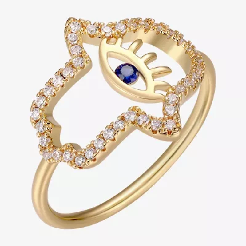 Womens 1/5 CT. Multi Color Cubic Zirconia 18K Gold Over Silver Hamsa Crossover Cocktail Ring