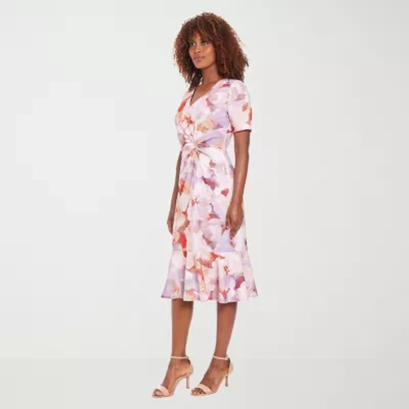 London Times Womens Short Sleeve Midi Floral Sheath Dress
