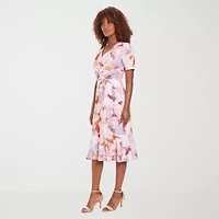 London Times Womens Short Sleeve Midi Floral Sheath Dress