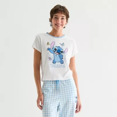 Stitch Pointelle Ringer Tee Womens Crew Neck Short Sleeve Fitted Lilo & Juniors Graphic T-Shirt