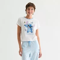 Stitch Pointelle Ringer Tee Womens Crew Neck Short Sleeve Fitted Lilo & Juniors Graphic T-Shirt
