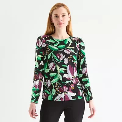 Liz Claiborne Womens Round Neck Long Sleeve Blouse