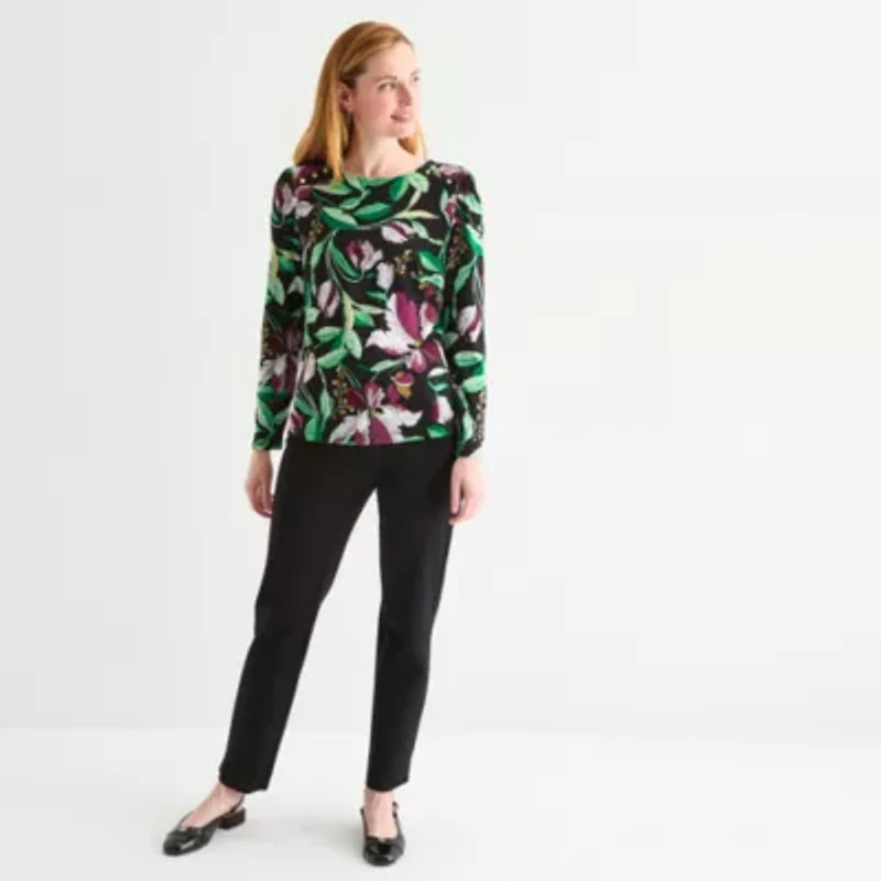 Liz Claiborne Womens Round Neck Long Sleeve Blouse