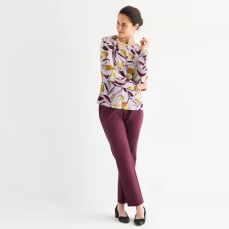 Liz Claiborne Womens Round Neck Long Sleeve Blouse