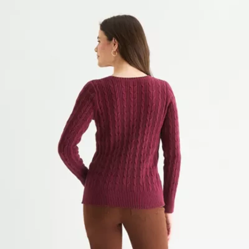 St. John's Bay Womens Crew Neck Long Sleeve Cable Knit Pullover Sweater