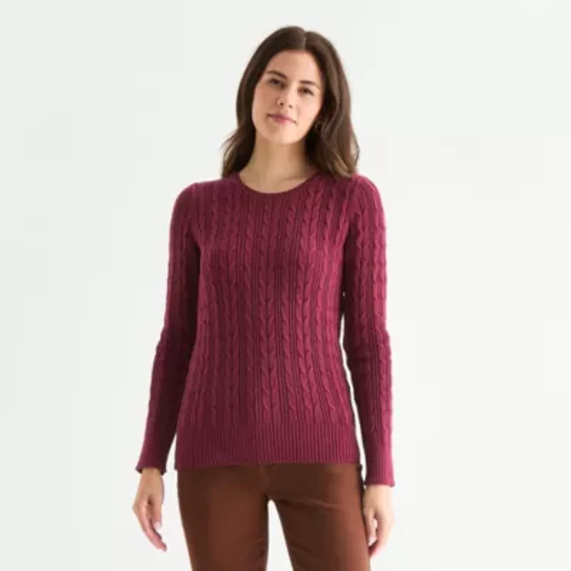 St. John's Bay Womens Crew Neck Long Sleeve Cable Knit Pullover Sweater