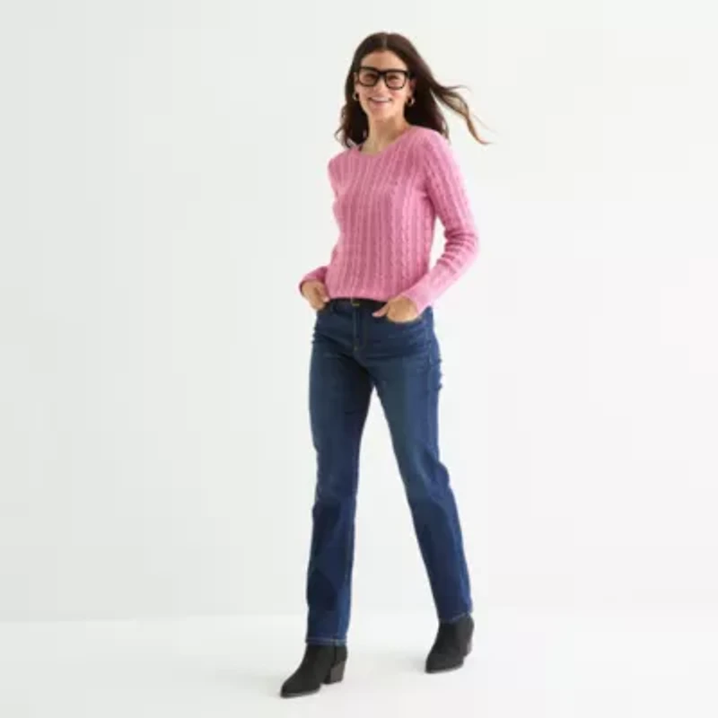 St. John's Bay Womens Crew Neck Long Sleeve Cable Knit Pullover Sweater