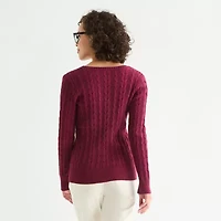 St. John's Bay Womens V Neck Long Sleeve Cable Knit Pullover Sweater