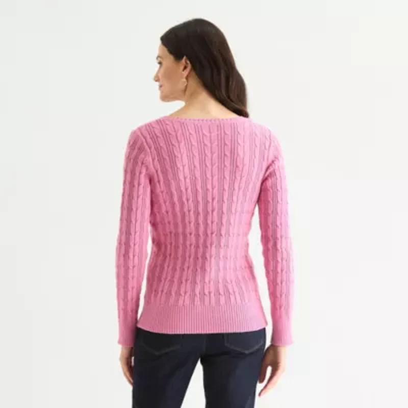 St. John's Bay Womens V Neck Long Sleeve Cable Knit Pullover Sweater