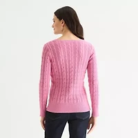 St. John's Bay Womens V Neck Long Sleeve Cable Knit Pullover Sweater