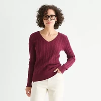 St. John's Bay Womens V Neck Long Sleeve Cable Knit Pullover Sweater