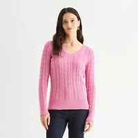 St. John's Bay Womens V Neck Long Sleeve Cable Knit Pullover Sweater