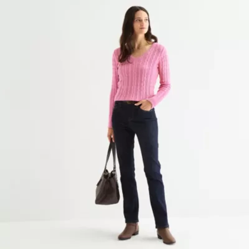 St. John's Bay Womens V Neck Long Sleeve Cable Knit Pullover Sweater