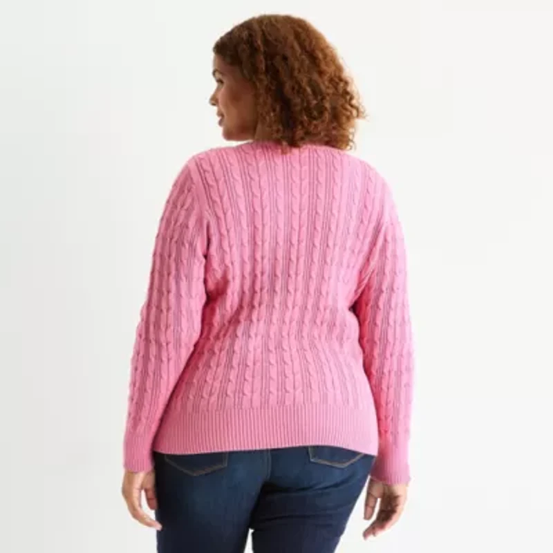 St. John's Bay Plus Womens Crew Neck Long Sleeve Cable Knit Pullover Sweater