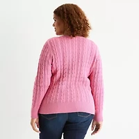 St. John's Bay Plus Womens Crew Neck Long Sleeve Cable Knit Pullover Sweater