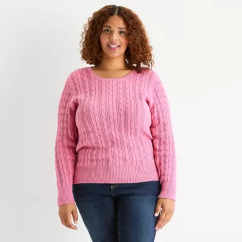 St. John's Bay Plus Womens Crew Neck Long Sleeve Cable Knit Pullover Sweater