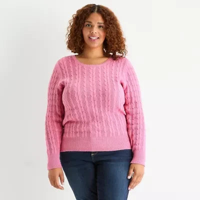 St. John's Bay Plus Womens Crew Neck Long Sleeve Cable Knit Pullover Sweater