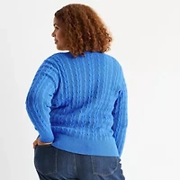 St. John's Bay Plus Womens V Neck Long Sleeve Cable Knit Pullover Sweater