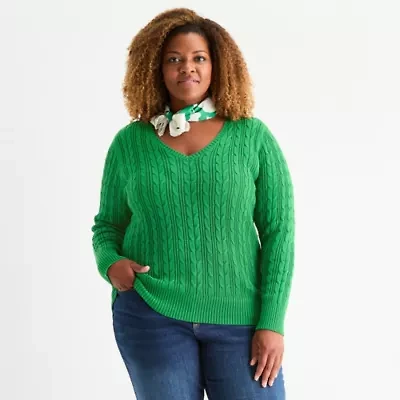St. John's Bay Plus Womens V Neck Long Sleeve Pullover Sweater