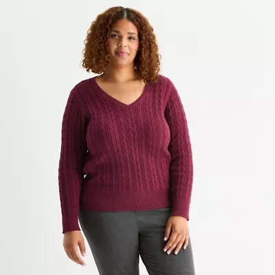 St. John's Bay Plus Womens V Neck Long Sleeve Pullover Sweater