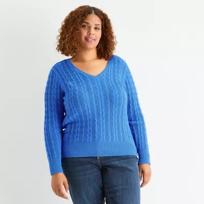 St. John's Bay Plus Womens V Neck Long Sleeve Cable Knit Pullover Sweater