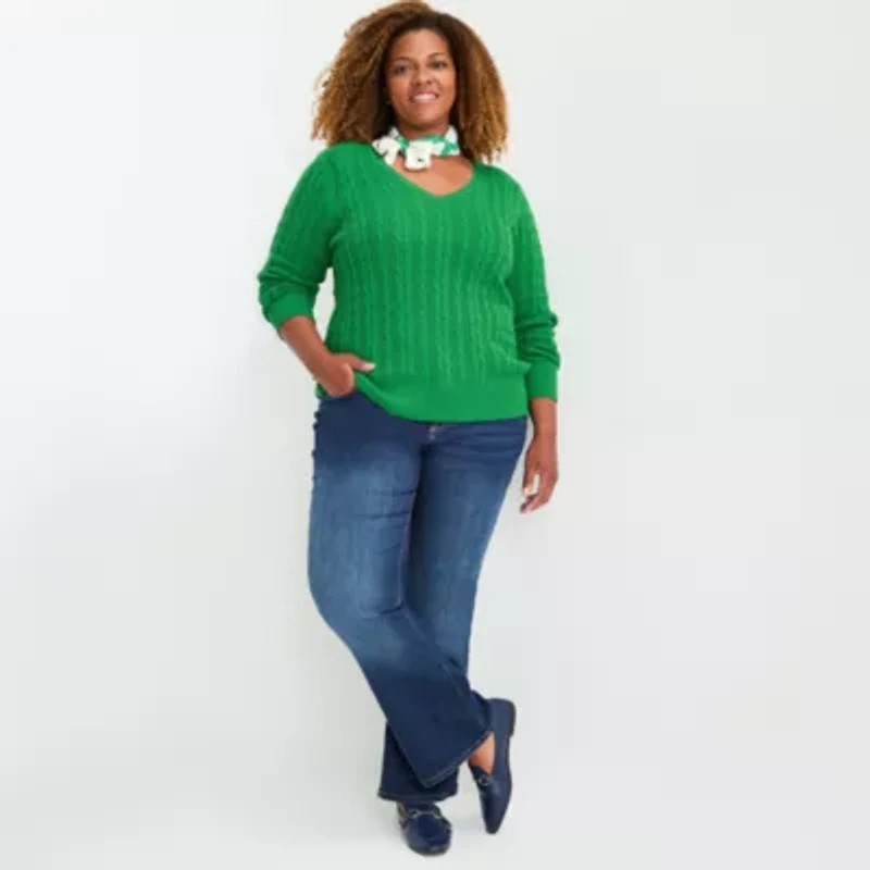 St. John's Bay Plus Womens V Neck Long Sleeve Pullover Sweater