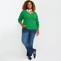St. John's Bay Plus Womens V Neck Long Sleeve Pullover Sweater