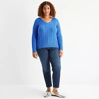 St. John's Bay Plus Womens V Neck Long Sleeve Cable Knit Pullover Sweater