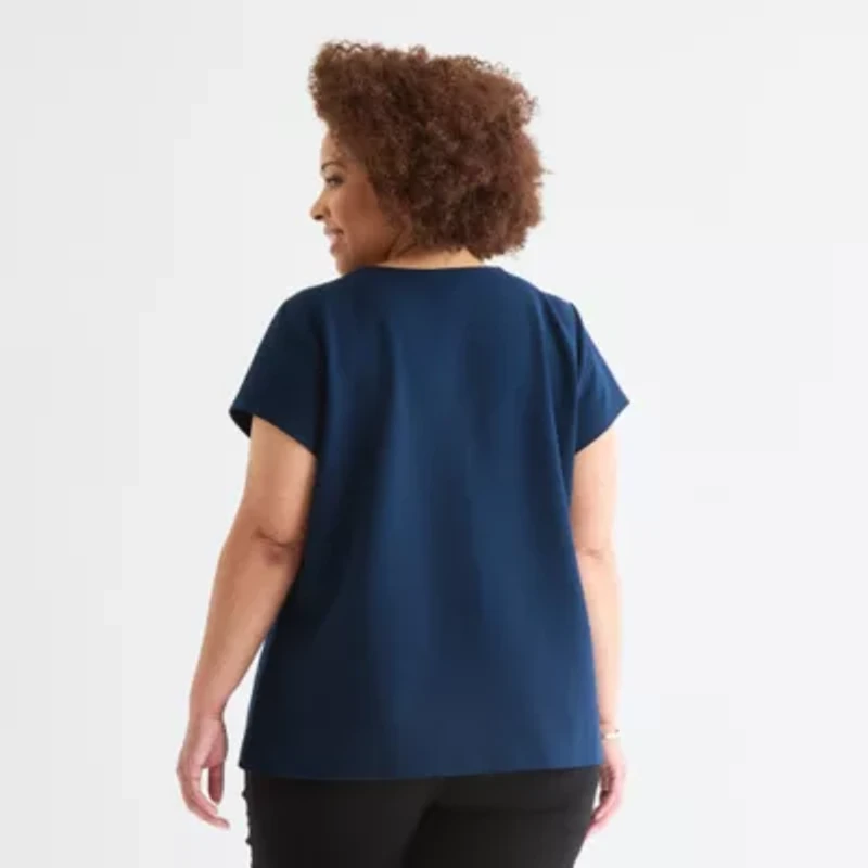 Liz Claiborne Womens Round Neck Short Sleeve Plus Blouse