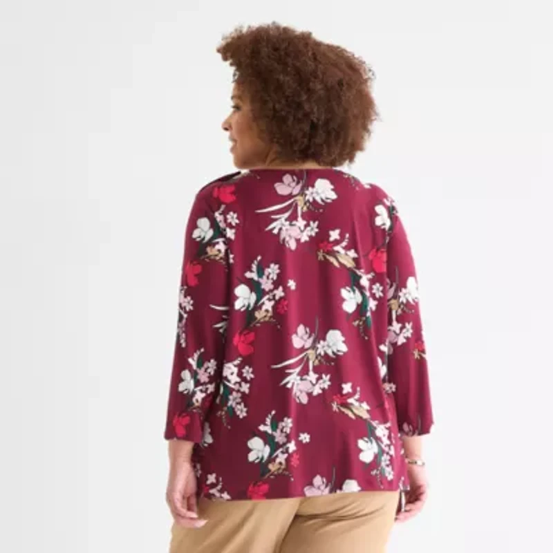 Liz Claiborne Womens Easy-on + Easy-off Round Neck 3/4 Sleeve Adaptive Plus Blouse