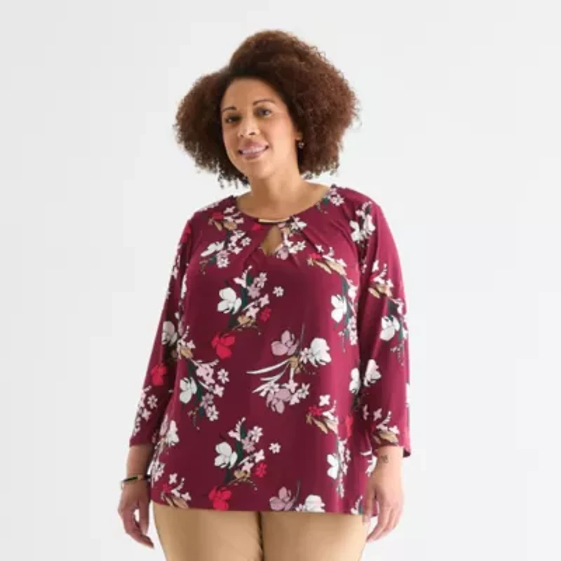Liz Claiborne Womens Easy-on + Easy-off Round Neck 3/4 Sleeve Adaptive Plus Blouse