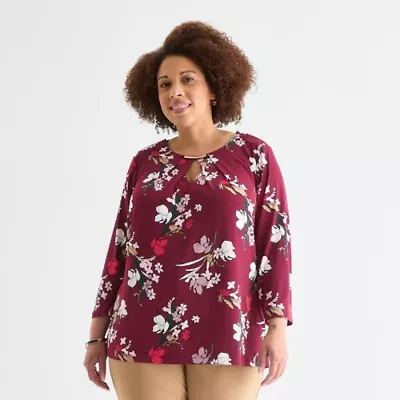 Liz Claiborne Womens Easy-on + Easy-off Round Neck 3/4 Sleeve Adaptive Plus Blouse