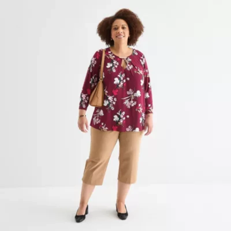 Liz Claiborne Womens Easy-on + Easy-off Round Neck 3/4 Sleeve Adaptive Plus Blouse