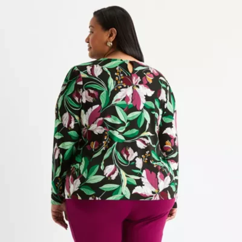 Liz Claiborne Womens Plus Round Neck Long Sleeve Adaptive Blouse