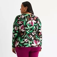 Liz Claiborne Womens Plus Round Neck Long Sleeve Adaptive Blouse