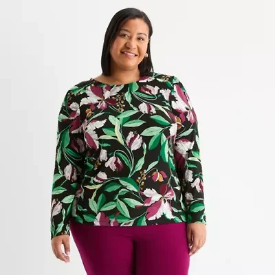 Liz Claiborne Womens Plus Round Neck Long Sleeve Adaptive Blouse
