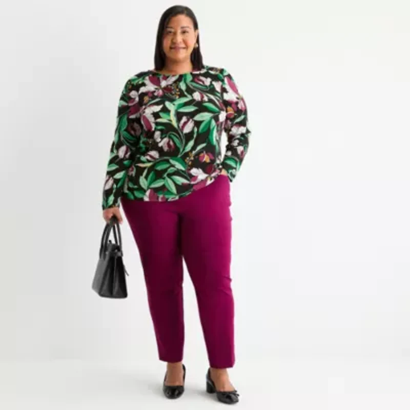 Liz Claiborne Womens Plus Round Neck Long Sleeve Adaptive Blouse