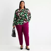 Liz Claiborne Womens Plus Round Neck Long Sleeve Adaptive Blouse