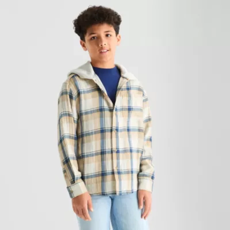 Thereabouts Little & Big Kid Boys Hooded Long Sleeve Cuffed Regular Fit Button-Down Shirt