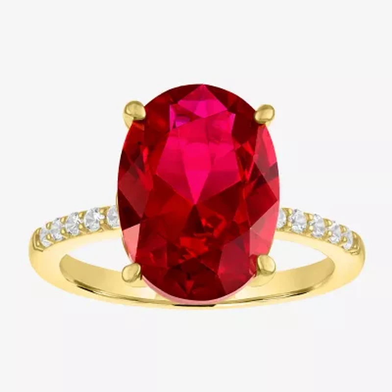 Womens Lab Created Red Ruby 14K Gold Over Silver Oval Side Stone Cocktail Ring