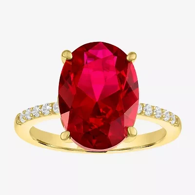 Womens Lab Created Red Ruby 14K Gold Over Silver Oval Side Stone Cocktail Ring