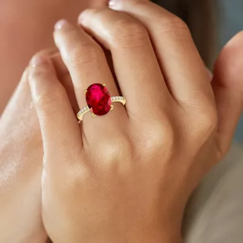 Womens Lab Created Red Ruby 14K Gold Over Silver Oval Side Stone Cocktail Ring